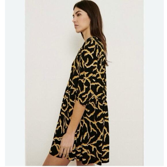 ba&sh Paris Size M Constance Dress Black Gold V-Neck Puff Sleeve Pockets Flowy - Picture 5 of 11